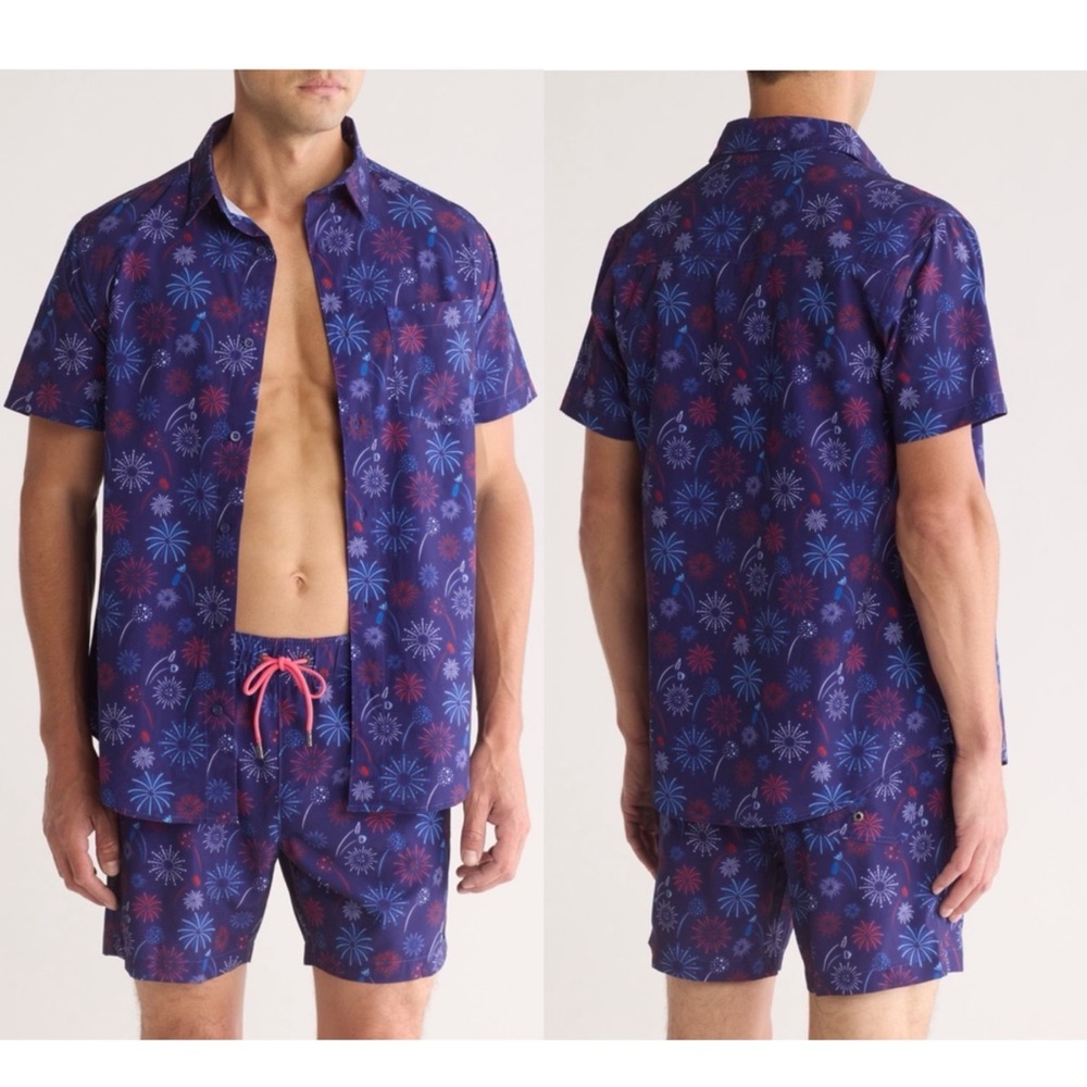 Mr Swim Blue Patriotic Fireworks‎ Button-Down Shirt Size M Red White Blue Sleeve
